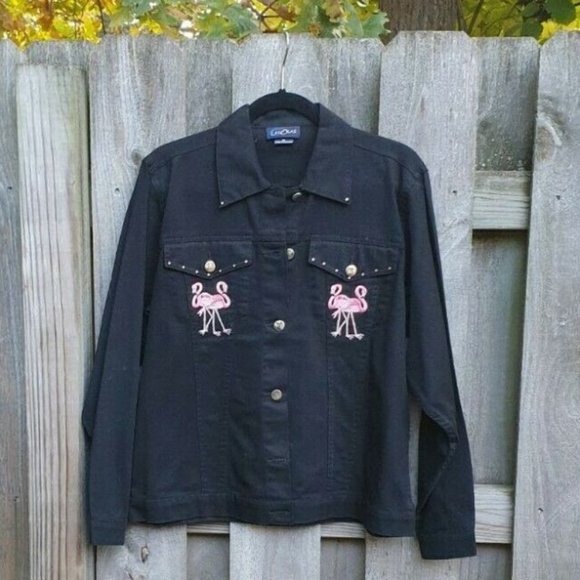 Las Olas Women M Black Denim Jean Jacket Pink Flamingo Rhinestone - Picture 2 of 9